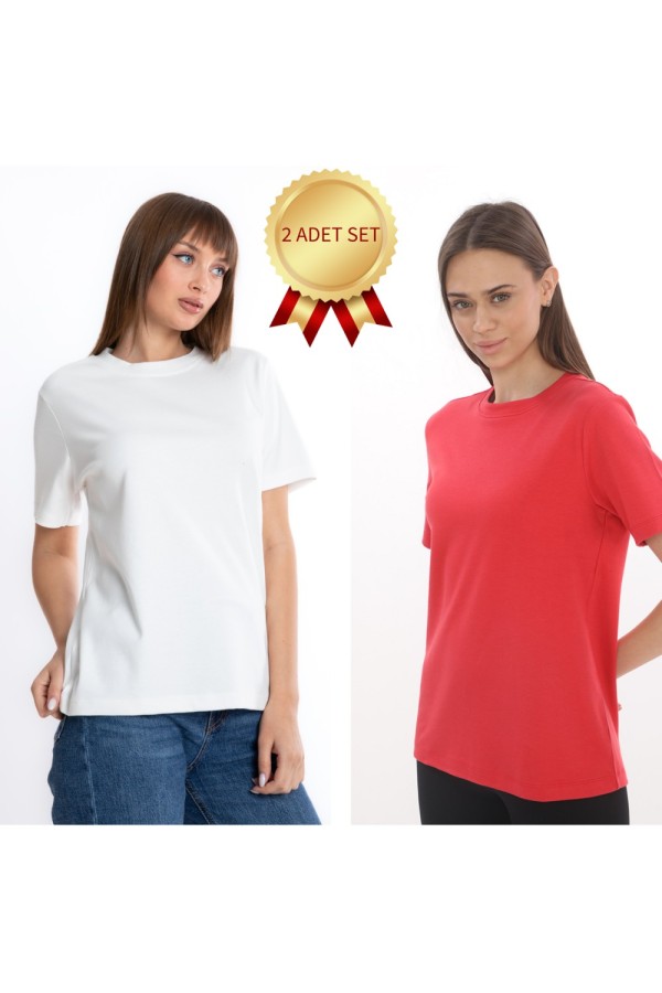 Kadın Bisiklet Yaka Basic Tişört 2'li Set